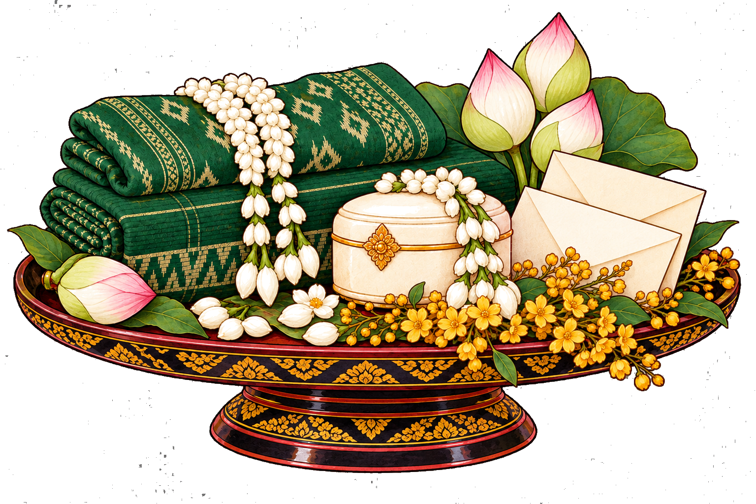 Myanmar wedding gifts with traditional textiles, jasmine and lotus flowers